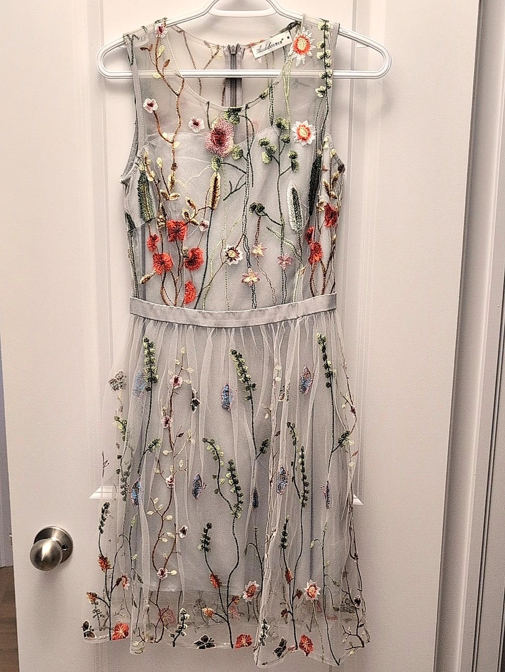 Embroidered Mini Dress in Gray & Multicolor Like New